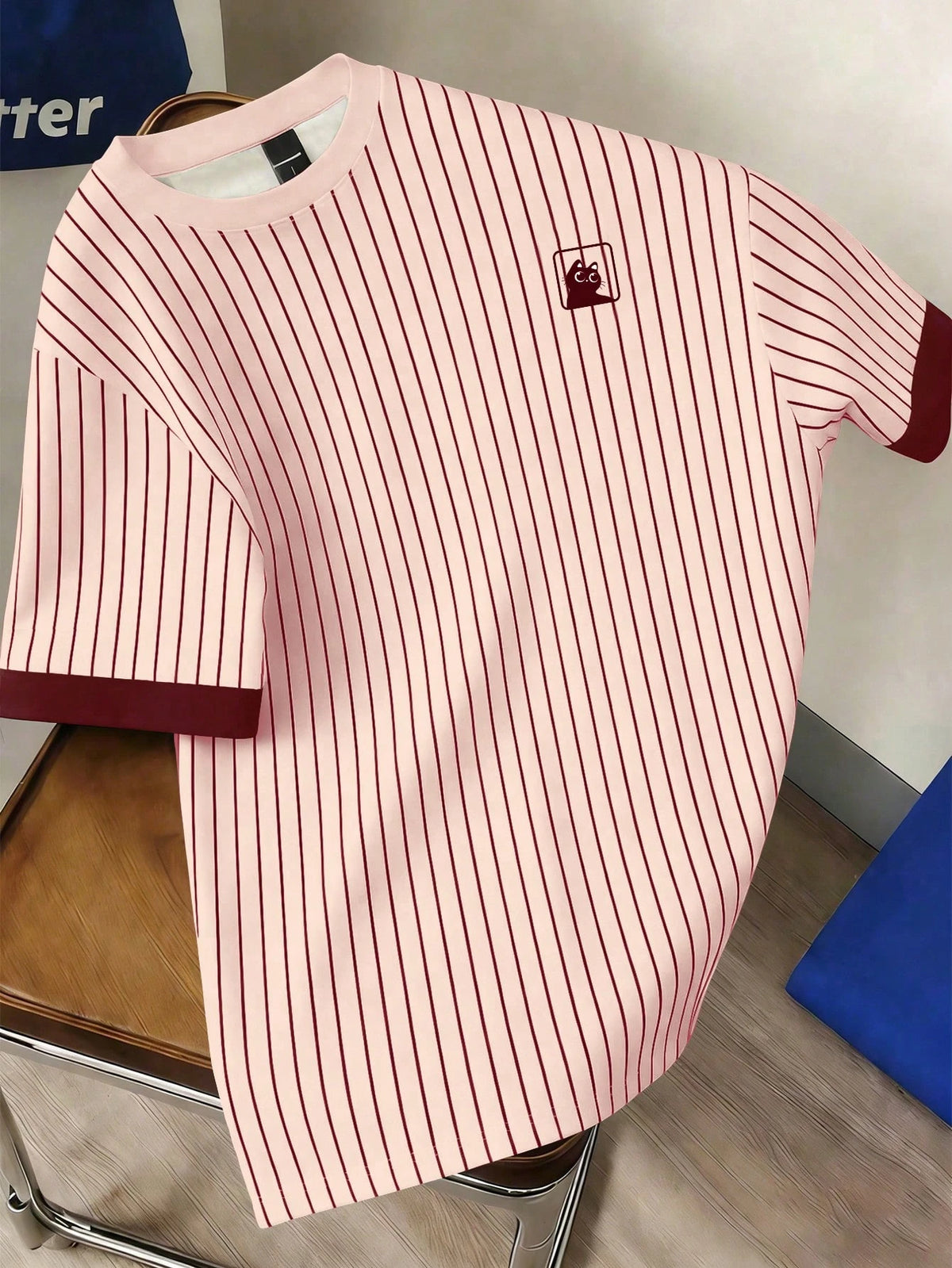 Manfinity Joysei Men's Striped Cuff Splice Contrast Color Round Neck Short Sleeve T-Shirt
